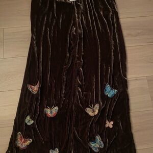 Johnny Was Brown Velvet Pants Embroider Butterflies elastic waist Original $365